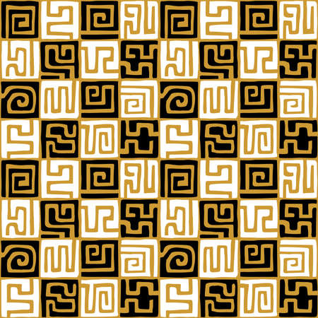 Hand Drawn Kuba Cloth Style Pattern - Seamless Vector Pattern (4up) - Alternating Black and White on Gold v1のイラスト素材