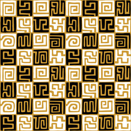 Hand Drawn Kuba Cloth Style Pattern - Seamless Vector Pattern (4up) - Alternating Black and White on Gold v2のイラスト素材