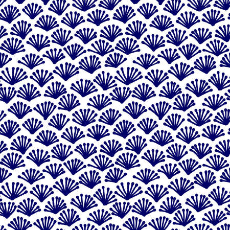 Hand Drawn Fan Plant Pattern - Seamless Vector Pattern (4up) - Dark Blue on Whiteのイラスト素材