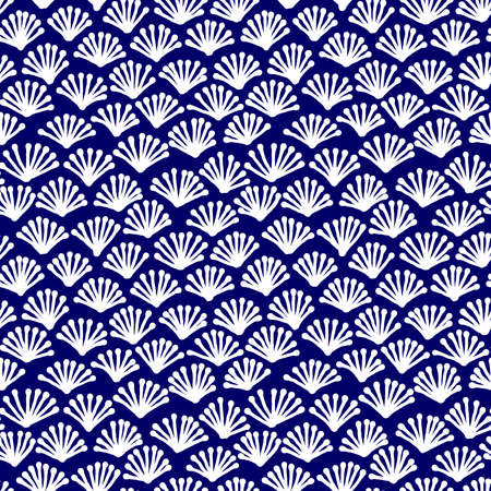 Hand Drawn Fan Plant Pattern - Seamless Vector Pattern (4up) - White on Dark Blueのイラスト素材