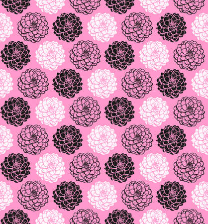 Chrysanthemum Variations Seamless Pattern (4up) - Pink - A repeating pattern made up of three variations of a Chrysanthemum motif.のイラスト素材