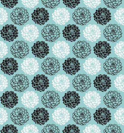 Chrysanthemum Variations Seamless Pattern (4up) - Light Blue Green - A repeating pattern made up of three variations of a Chrysanthemum motif.のイラスト素材
