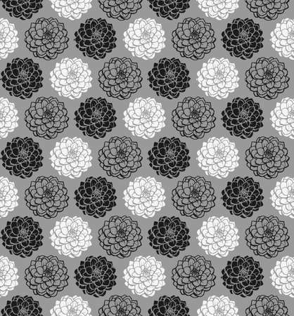Chrysanthemum Variations Seamless Pattern (4up) - Grey - A repeating pattern made up of three variations of a Chrysanthemum motif.のイラスト素材