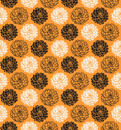 Chrysanthemum Variations Seamless Pattern (4up) - Light Orange - A repeating pattern made up of three variations of a Chrysanthemum motif.のイラスト素材