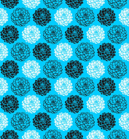 Chrysanthemum Variations Seamless Pattern (4up) - Sky Blue - A repeating pattern made up of three variations of a Chrysanthemum motif.のイラスト素材