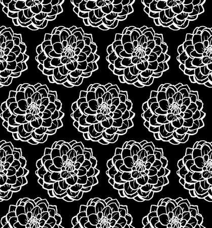 Hand Drawn Chrysanthemum Seamless Pattern - White on Blackのイラスト素材