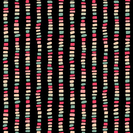 Spotted Lines Seamless Pattern -  Vertical lines made up of hand drawn rectangles and elliptical shapes in a palette of five colours on blackのイラスト素材