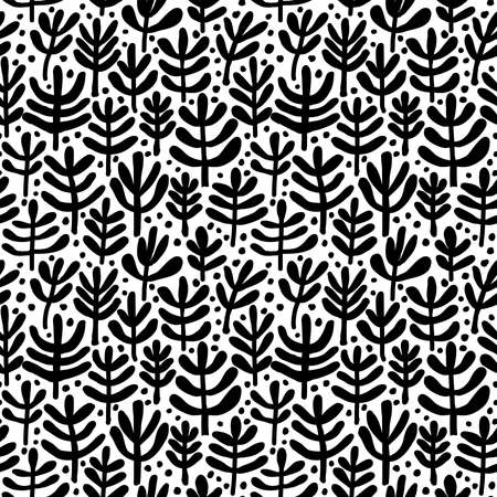 Fern Pattern - Hand Drawn Fern Like Plant Shapes Seamless Pattern (4up) - Black and Whiteのイラスト素材
