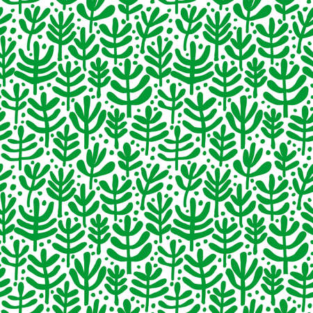 Fern Pattern - Hand Drawn Fern Like Plant Shapes Seamless Pattern (4up) - Grass Green on Whiteのイラスト素材