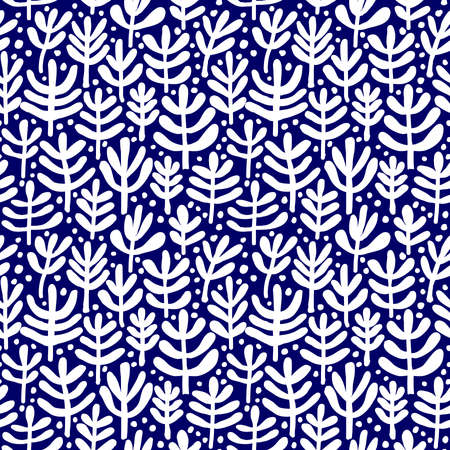 Fern Pattern - Hand Drawn Fern Like Plant Shapes Seamless Pattern (4up) - White on Dark Blue (Indigo Style)のイラスト素材