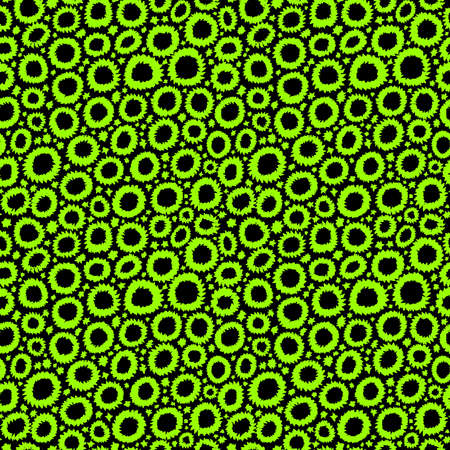 Shibori Inspired Abstract Seamless Pattern with Jagged Flower-like Circles and Spots - Chartreuse Green on Blackのイラスト素材