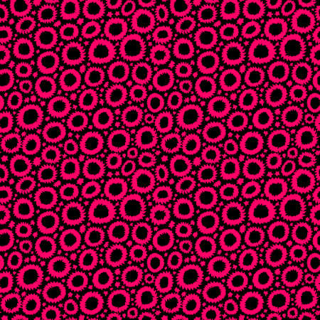 Shibori Inspired Abstract Seamless Pattern with Jagged Flower-like Circles and Spots - Neon Red on Blackのイラスト素材