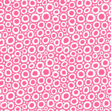 Shibori Inspired Abstract Seamless Pattern with Jagged Flower-like Circles and Spots - White on Deep Pinkのイラスト素材