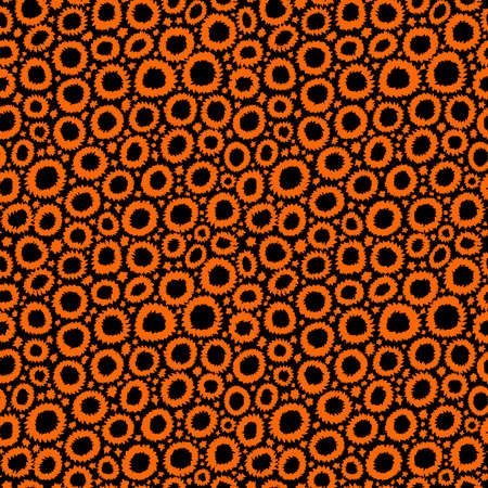 Shibori Inspired Abstract Seamless Pattern with Jagged Flower-like Circles and Spots - Orange on Blackのイラスト素材