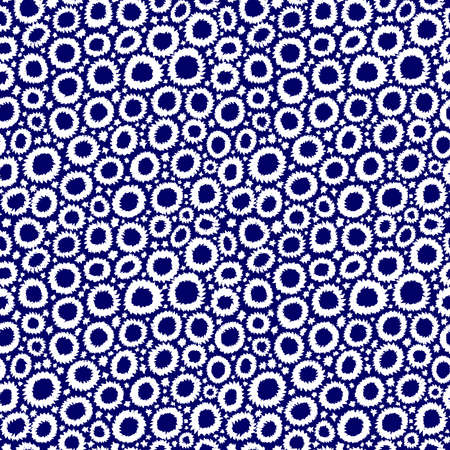 Shibori Inspired Abstract Seamless Pattern with Jagged Flower-like Circles and Spots - White on Deep Navy (indigo style)のイラスト素材