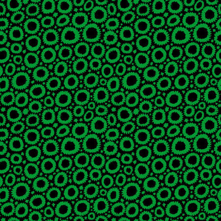 Shibori Inspired Abstract Seamless Pattern with Jagged Flower-like Circles and Spots - Grass Green on Blackのイラスト素材