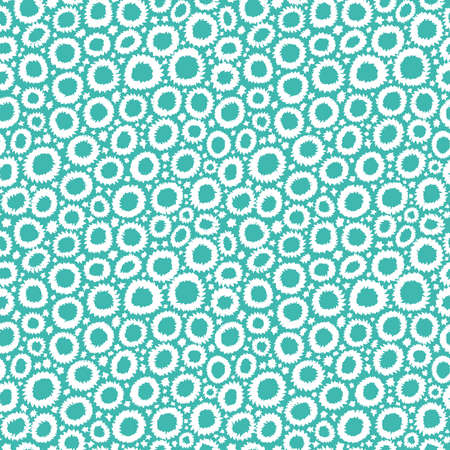 Shibori Inspired Abstract Seamless Pattern with Jagged Flower-like Circles and Spots - White on Turquoiseのイラスト素材