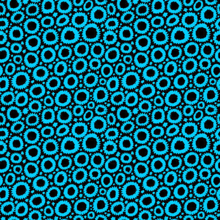 Shibori Inspired Abstract Seamless Pattern with Jagged Flower-like Circles and Spots - Sky Blue on Blackのイラスト素材