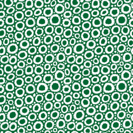 Shibori Inspired Abstract Seamless Pattern with Jagged Flower-like Circles and Spots - White on Forest Greenのイラスト素材