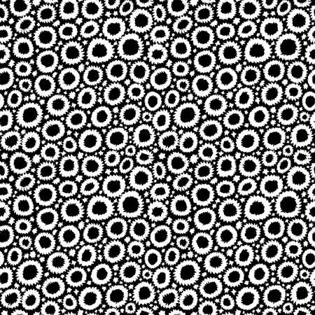 Shibori Inspired Abstract Seamless Pattern with Jagged Flower-like Circles and Spots - White on Blackのイラスト素材