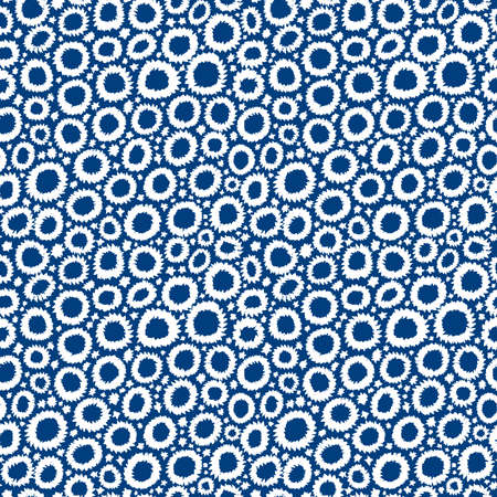 Shibori Inspired Abstract Seamless Pattern with Jagged Flower-like Circles and Spots - White on Deep Blue (Indigo Style)のイラスト素材