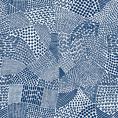 Abstract Patchwork Map Seamless Pattern Tile - Indigo Dye Blue on Whiteのイラスト素材