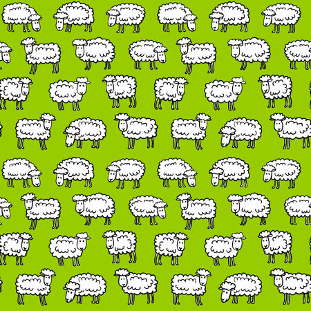 Cartoon Sheep Seamless Pattern - Black, White and Greenのイラスト素材