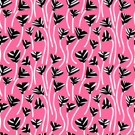Stylised Triangular Flower/Leaf Seamless Pattern - Black, White and Deep Pinkのイラスト素材