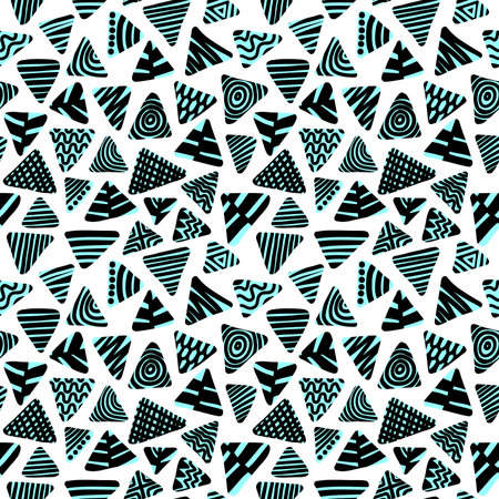 Abstract Decorated Triangles - Seamless Pattern - Black and Ice Blue on Whiteのイラスト素材