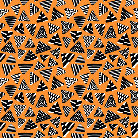 Abstract Decorated Triangles - Seamless Pattern - Black and White on Orangeのイラスト素材