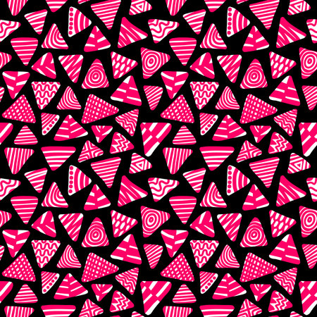 Abstract Decorated Triangles - Seamless Pattern - Neon Red and White on Blackのイラスト素材