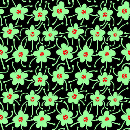 Competing Flowers - Seamless Vector Pattern - Mint Green and Red on Blackのイラスト素材