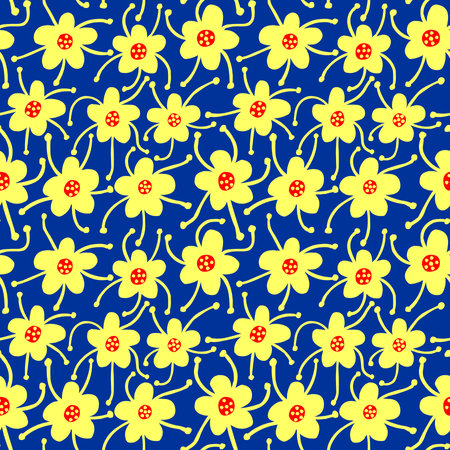 Competing Flowers - Seamless Vector Pattern - Yellow and Red on Navy Blueのイラスト素材