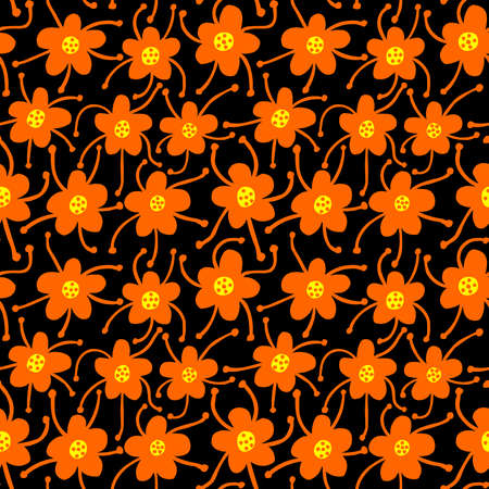 Competing Flowers - Seamless Vector Pattern - Orange and Yellow on Blackのイラスト素材