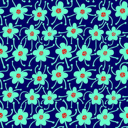 Competing Flowers - Seamless Vector Pattern - Turquoise and Red on Deep Navy Blueのイラスト素材
