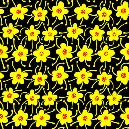 Competing Flowers - Seamless Vector Pattern - Yellow and Red on Blackのイラスト素材