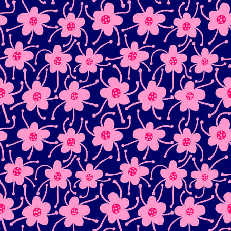 Competing Flowers - Seamless Vector Pattern - Pink and Neon Red on Deep Navy Blueのイラスト素材