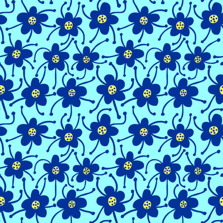 Competing Flowers - Seamless Vector Pattern - Deep Navy and Light Yellow on Ice Blue