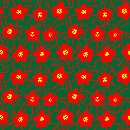 Competing Flowers - Seamless Vector Pattern - Red and Yellow on Forest Greenのイラスト素材