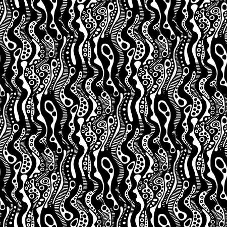 Abstract Hand Drawn Wavy Striped Seamless Pattern - (4 Tiles) - Black and Whiteのイラスト素材