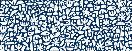 Abstract Hand Drawn Inky Shapes Seamless pattern - White on Indigo Blueのイラスト素材