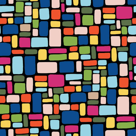 Hand drawn abstract mosaic seamless pattern in a palette of colours on a black background.のイラスト素材
