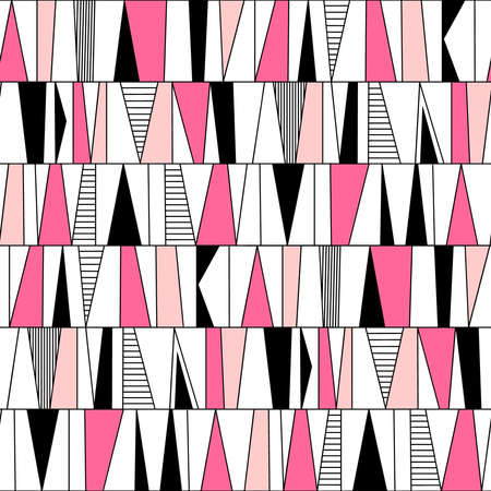 Scandinavian style abstract seamless pattern made up of rows divided with vertical lines with shaped areas shaded/colored in a variety of ways - Shades of Pink with Black and White.のイラスト素材