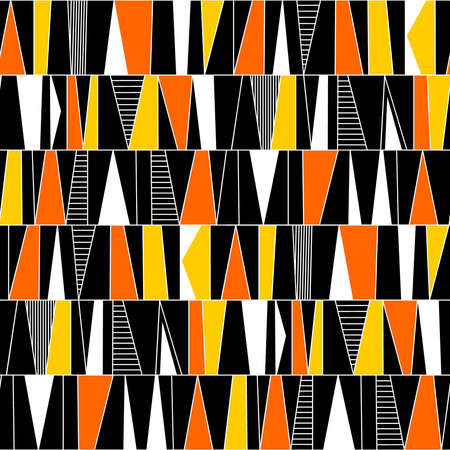 Scandinavian style abstract seamless pattern made up of rows divided with vertical lines with shaped areas shaded/colored in a variety of ways - Orange, Amber, White, and Black.のイラスト素材