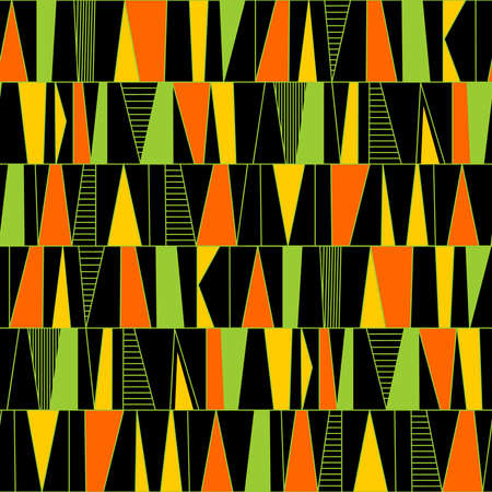 Scandinavian style abstract seamless pattern made up of rows divided with vertical lines with shaped areas shaded/colored in a variety of ways - Orange, Green, Amber, White and Black.のイラスト素材