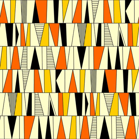 Scandinavian style abstract seamless pattern made up of rows divided with vertical lines with shaped areas shaded/colored in a variety of ways - Orange, Amber, Black and Cream.のイラスト素材