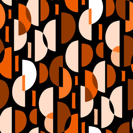 Crescent Pattern. A seamless abstract geometric pattern made up of both isolated and overlapping crescent shapes, with some rectangles in different tones of color. Orange tones.のイラスト素材