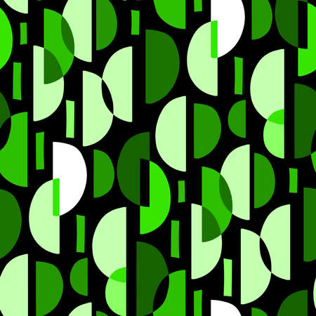 Crescent Pattern. A seamless abstract geometric pattern made up of both isolated and overlapping crescent shapes, with some rectangles in different tones of color. Green tones.のイラスト素材
