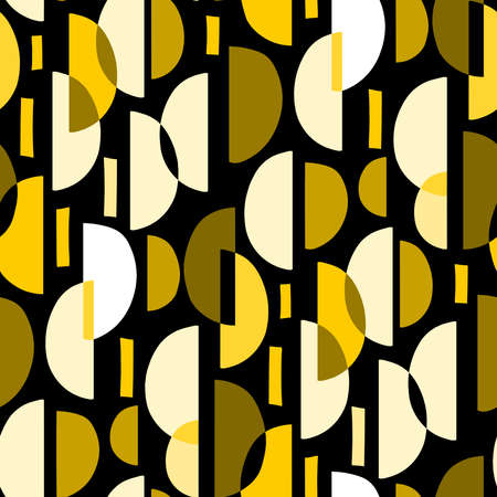 Crescent Pattern. A seamless abstract geometric pattern made up of both isolated and overlapping crescent shapes, with some rectangles in different tones of color. Amber tones.のイラスト素材