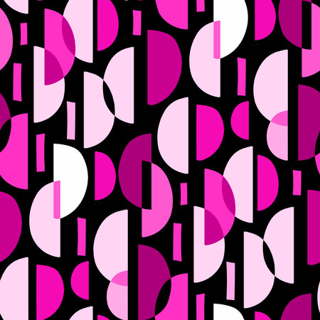 Crescent Pattern. A seamless abstract geometric pattern made up of both isolated and overlapping crescent shapes, with some rectangles in different tones of color. Magenta Tones.のイラスト素材